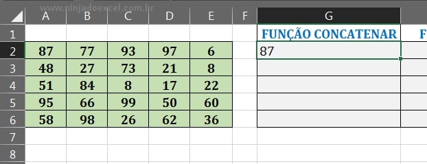 Resultado da função CONCAT no teste em Função Concatenar e Concat no Excel