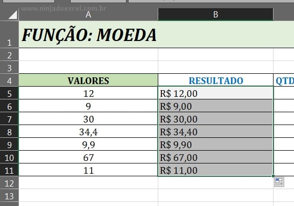 Resultado da função MOEDA em Função MOEDA no Excel