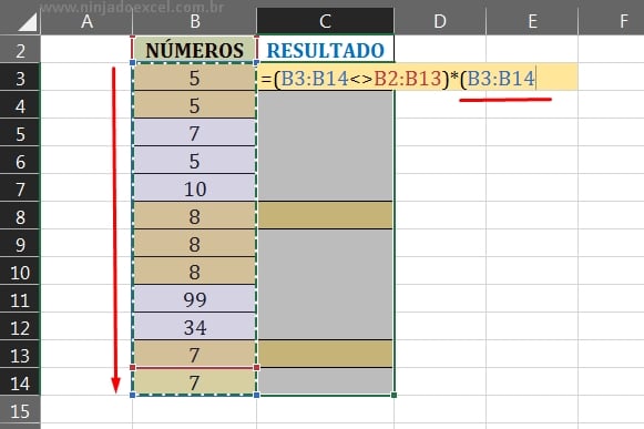 Segunda seleção do intervalo de números em Números Consecutivos no Excel