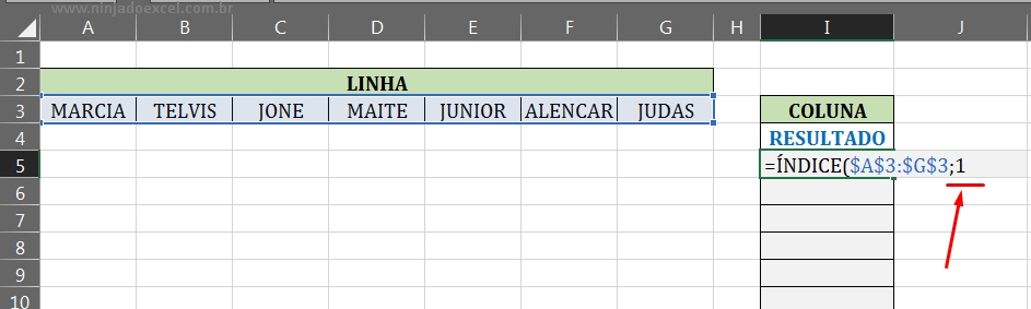 Segundo argumento da função ÍNDICE em Linha em Coluna no Excel