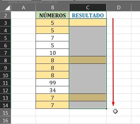 Seleção da coluna de resultado em Números Consecutivos no Excel