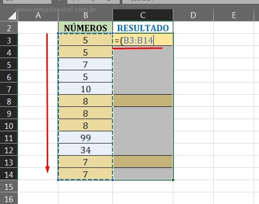 Selecionando a coluna de números em Números Consecutivos no Excel