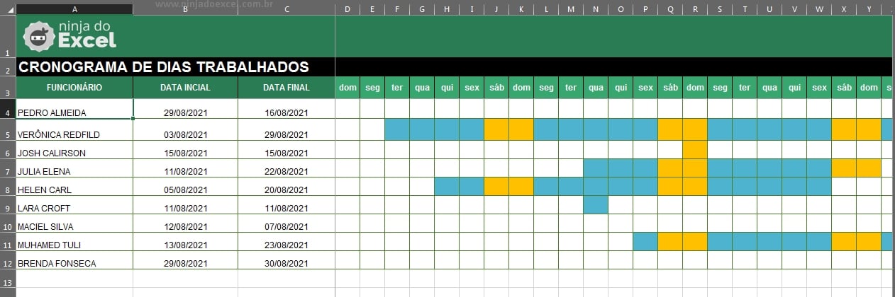 Apresentação Cronograma de Dias Trabalhados no Excel