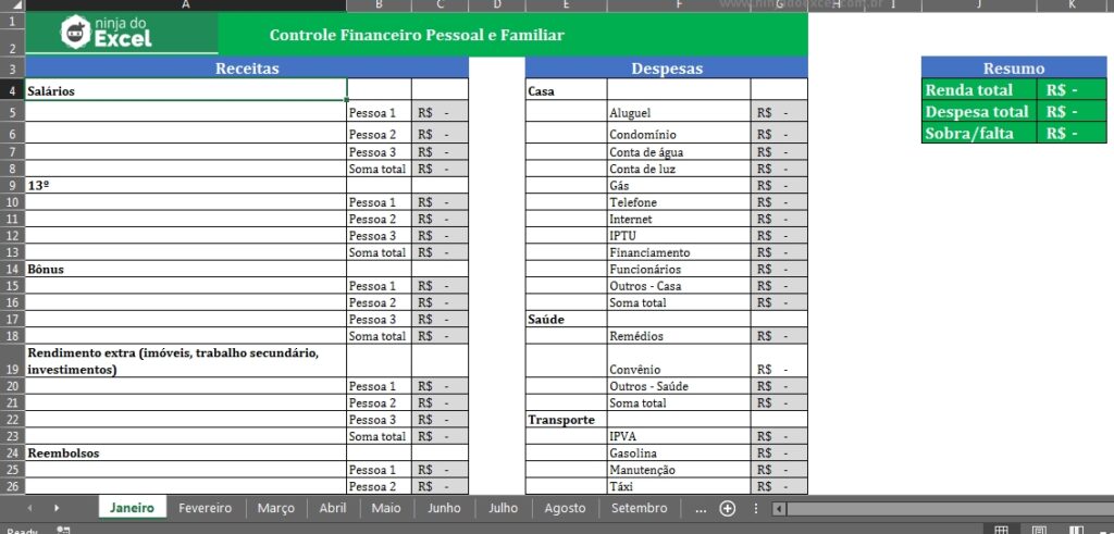 Planilha Controle Financeiro Pessoal E Familiar Ninja Do Excel 5497