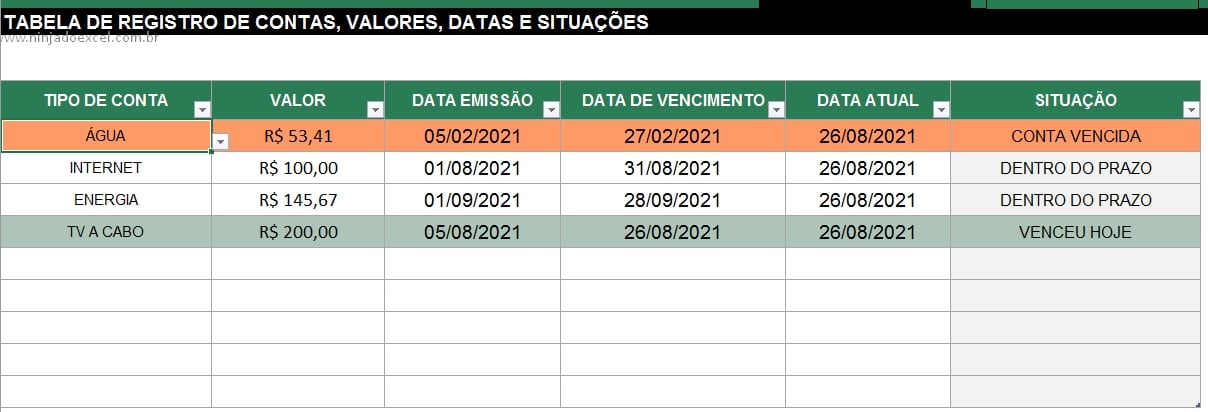 Colunas de registros em Vencimento de Contas no Excel