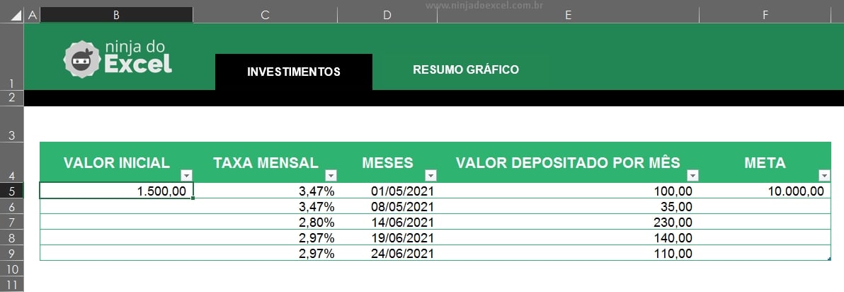 Primeira tela da planilha de Investimento Simples no Excel