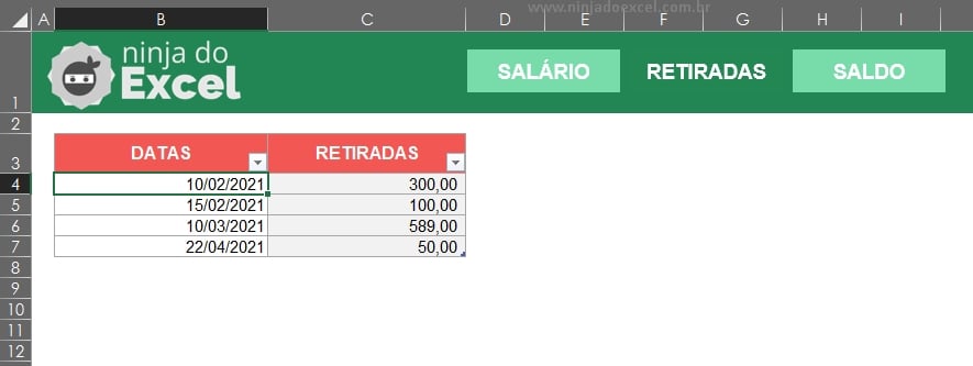 Retiradas em Registro de Salário no Excel