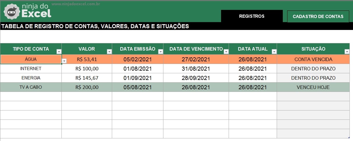 Tabela de registros em Vencimento de Contas no Excel