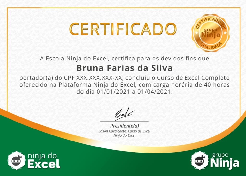 certificado de conclusão curso de excel - grupo Ninja