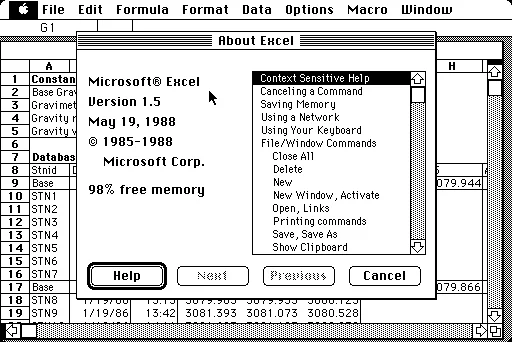 Microsoft Excel 1.0 para MAC em 1985