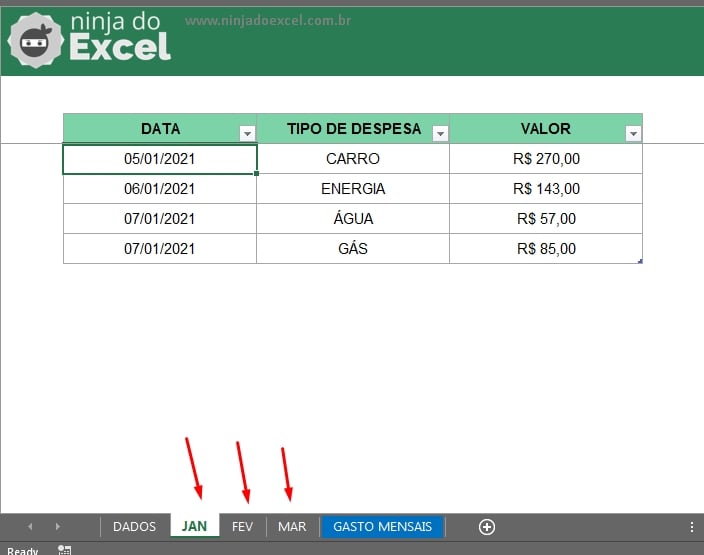 Aba de meses em Gastos Mensais no Excel