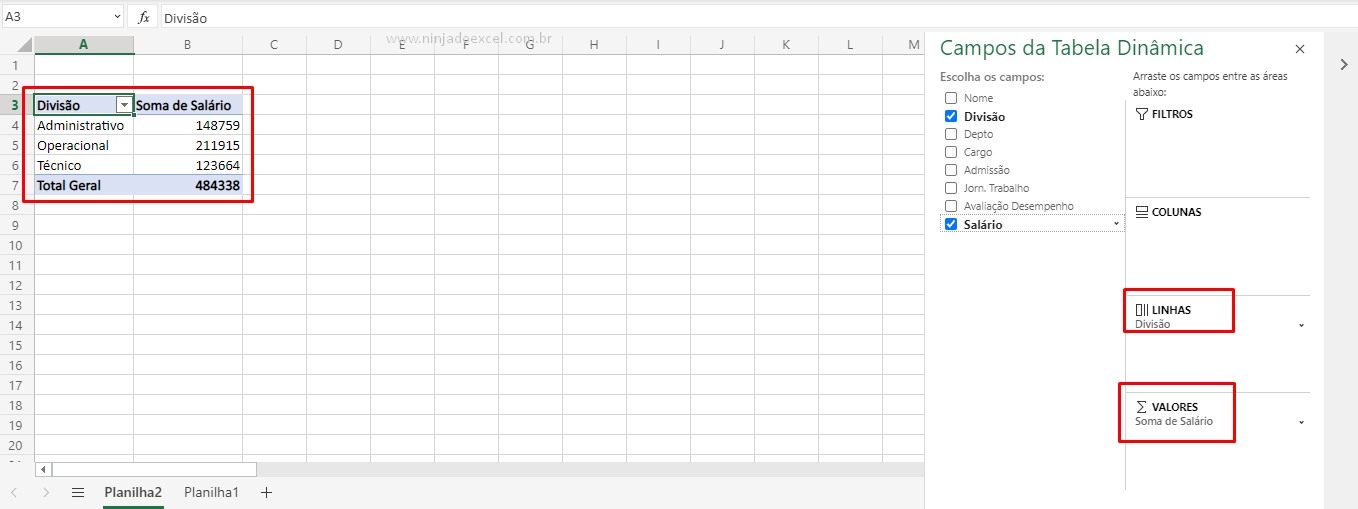 Base da Tabelas Dinâmicas Excel Online