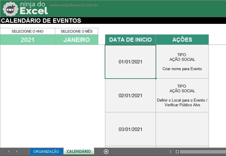 Calendário em Organização de Eventos no Excel