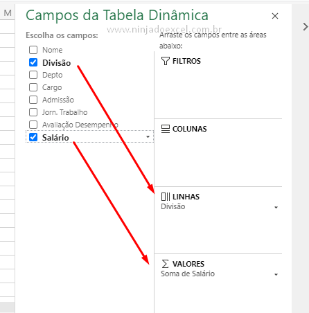 Campos da Tabelas Dinâmicas Excel Online