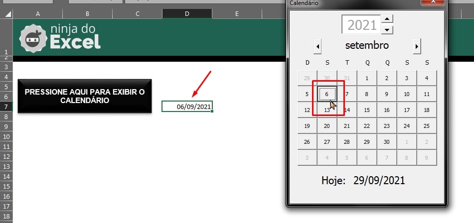 Clicando na célula em Calendário com VBA no Excel