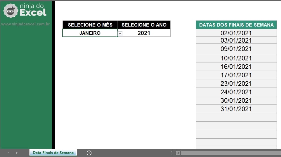 Entendendo a planilha de Finais de Semana de um Mês no Excel