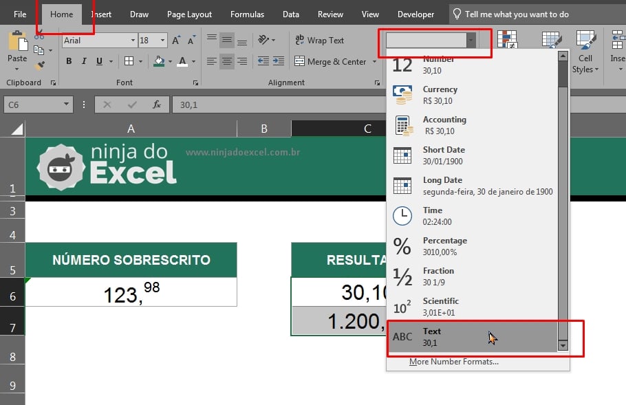 Formantando como texto em Número Sobrescrito no Excel