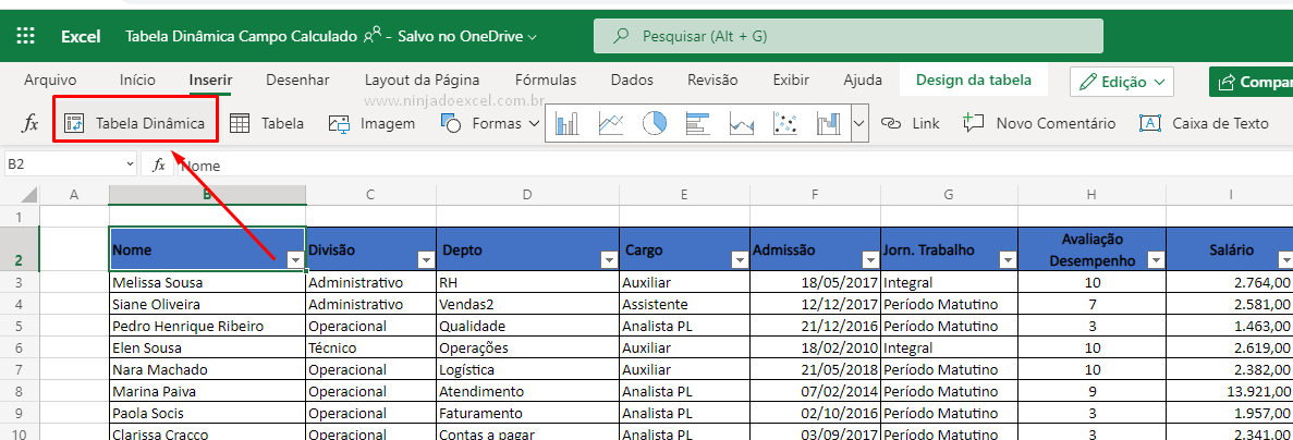 Inserir Tabelas Dinâmicas Excel Online