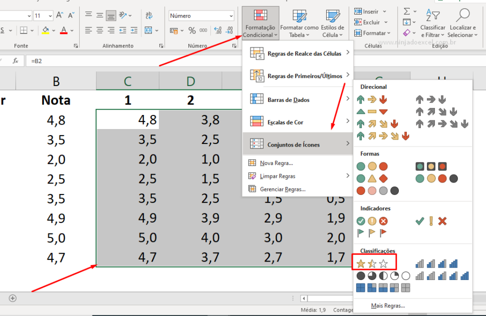 gráfico de classificação de 5 estrelas no excel ninja do excel