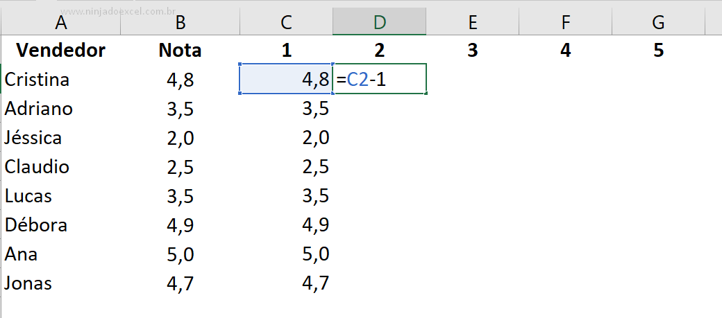 Subtração para Gráfico de Classificação de 5 Estrelas no Excel