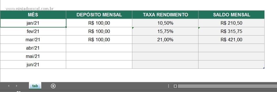Tabela em Rendimentos - Juros Simples no Excel
