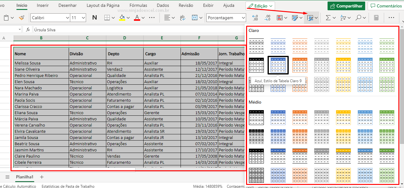 Tabelas Dinâmicas Excel Online como tabela