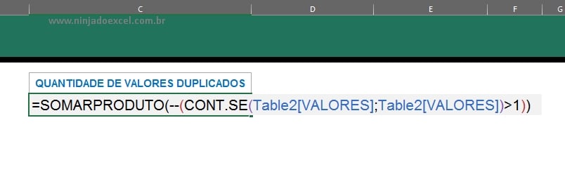 função SOMARPRODUTO Contar Valores Duplicados no Excel