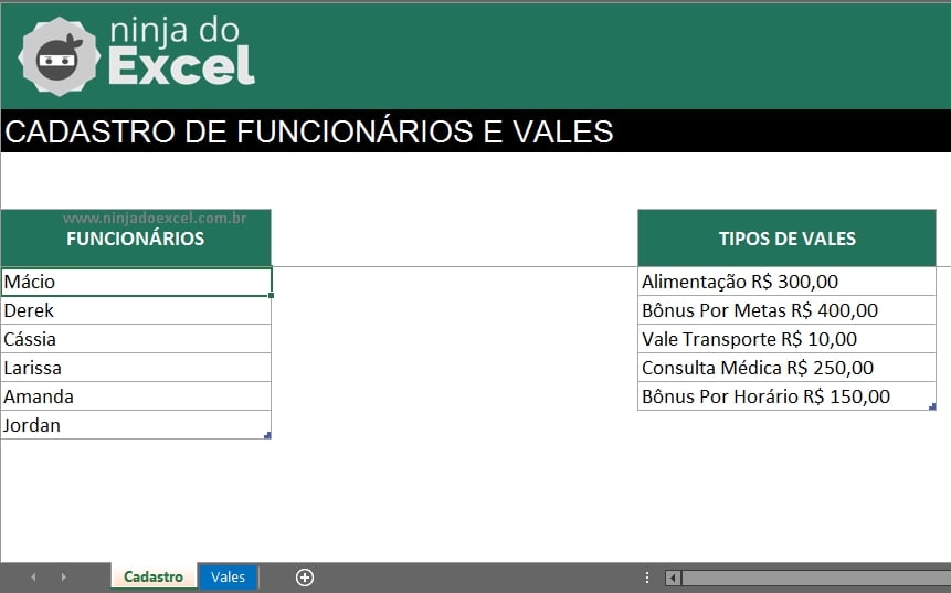 Cadastro em Vales de Funcionários no Excel