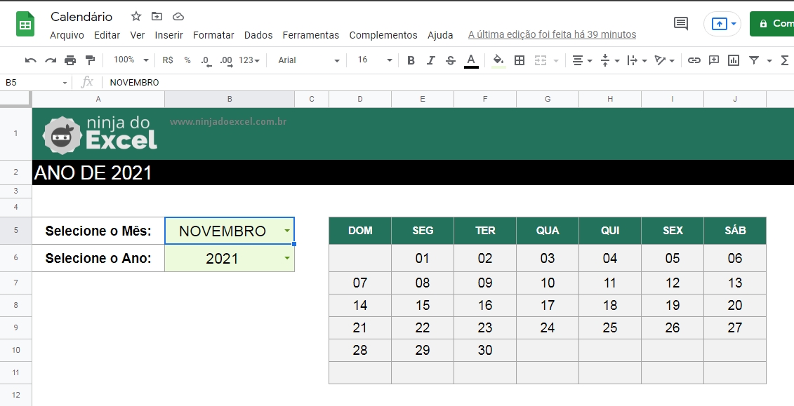 Calendário no Planilhas Google