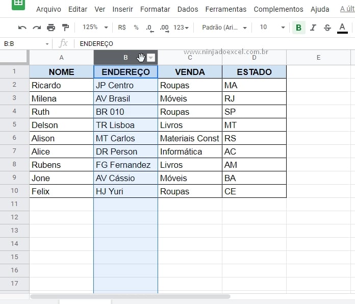 Clicando no topo da coluna em Fixar Colunas no Planilhas Google