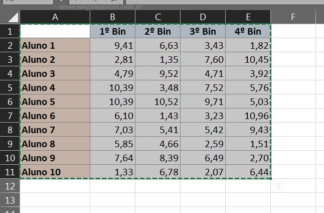 Copiando a tabela no Excel