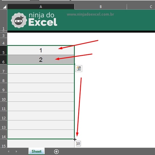 Exemplo de com números em Autopreenchimento com Alfabeto no Excel