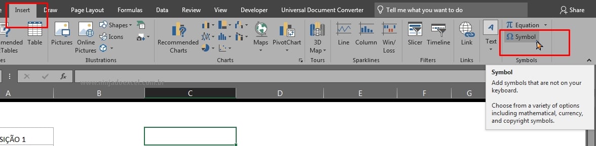 Inserindo simbolos em Inserir Marcadores no Excel