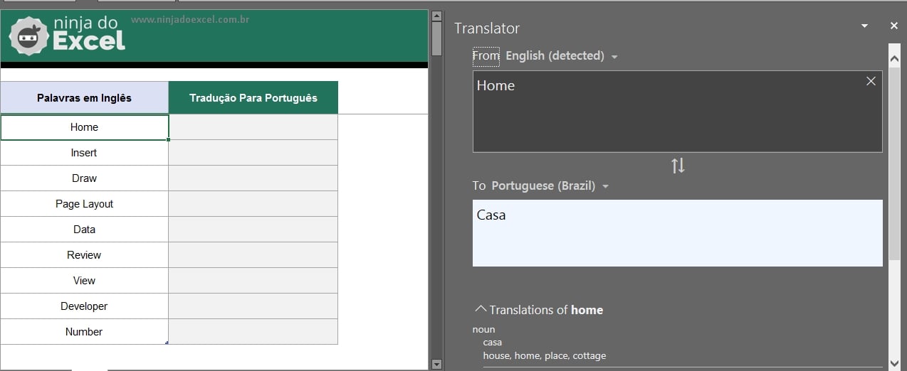 Tela de tradução em Traduzir Inglês Para Português no Excel