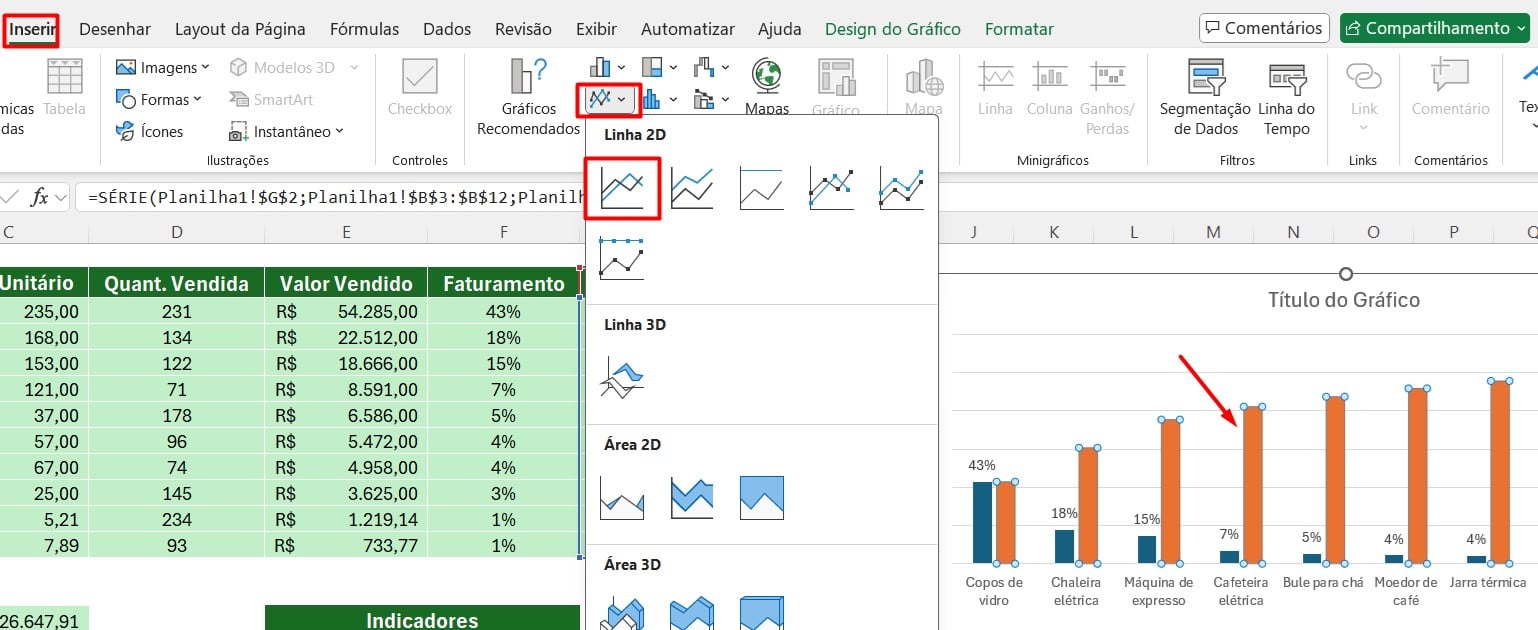 Inserindo o Gráfico de Linha.