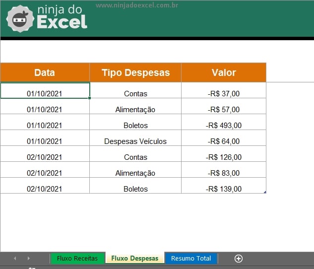 Aba de despesas em Fluxo de Receitas de Despesas no Excel