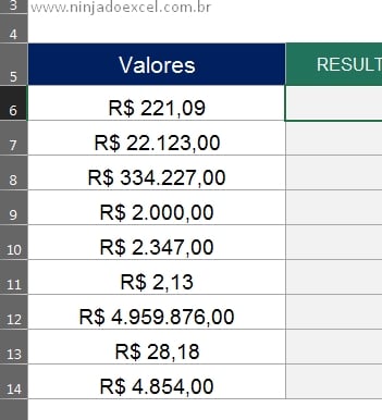Coluna de valores em Arredondar Decimais no Excel