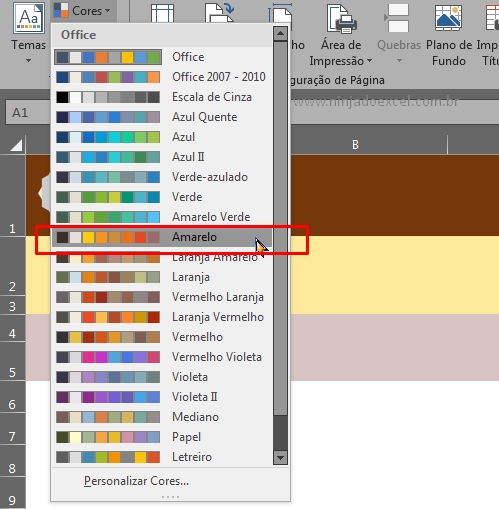 Cores Predefinidas do Excel, outro exemplo de cores