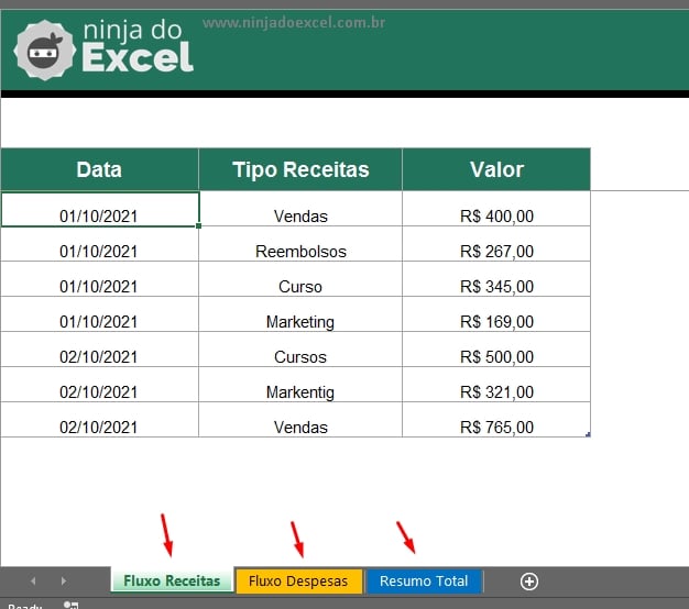 Fluxo de Receitas de Despesas no Excel