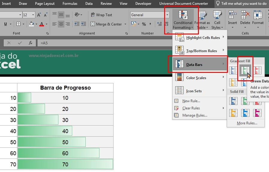 Formatação condiconal de Barra de Progresso no Excel