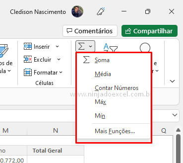 Outras opções do Autosoma no Excel