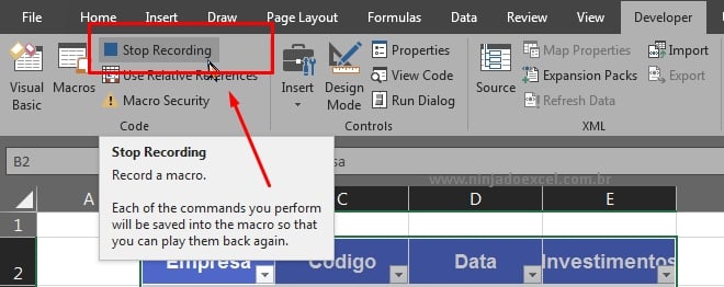 Parando a gravação da macro - Como Criar Macro no Excel 