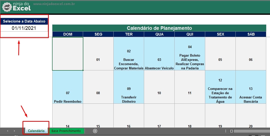 Planner no Excel, Calendário de planejamento