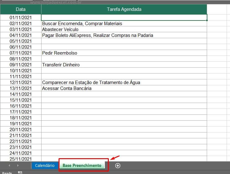 Planner no Excel, base de preenchimento
