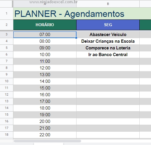 Planner no Planilhas Google, coluna de horários e dias da semana
