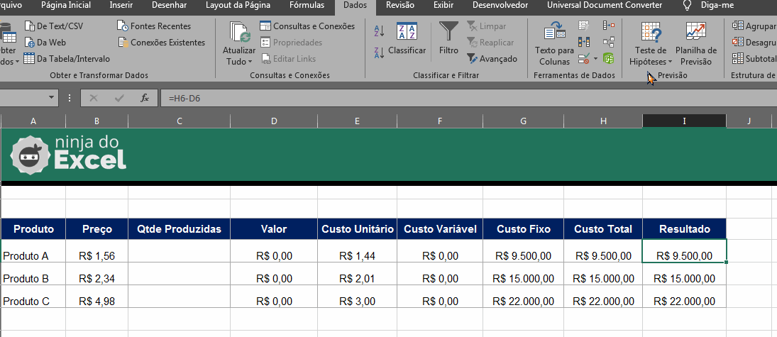 Ponto de Equilíbrio no Excel, usando a ferramenta teste de hipóteses