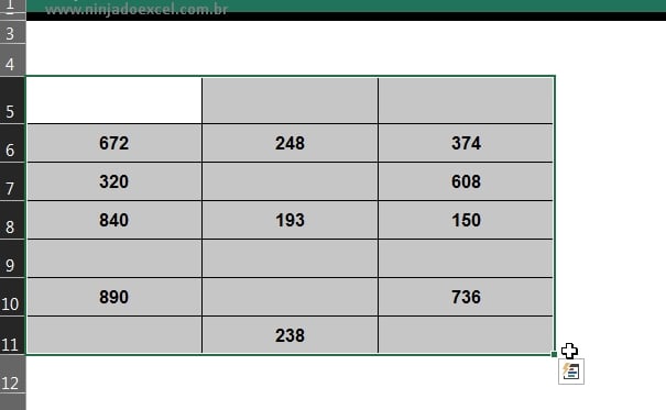 Selecionando a tabela em Células em Branco na Tabela do Excel