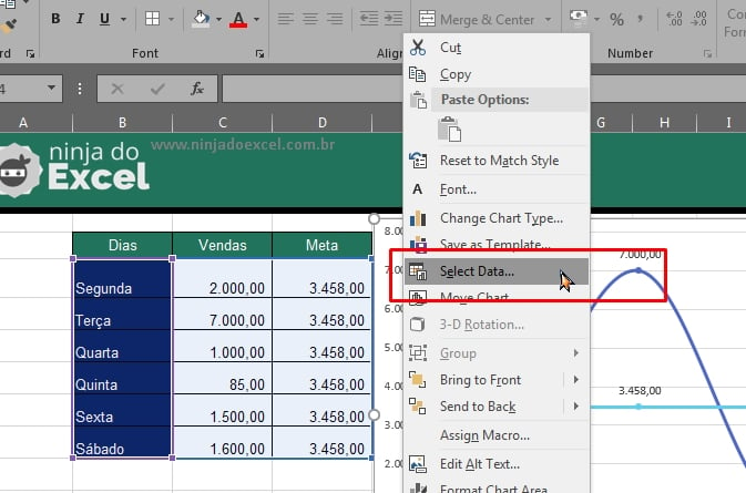 Selecionando dados para inserir legenda para Gráfico Senoidal no Excel