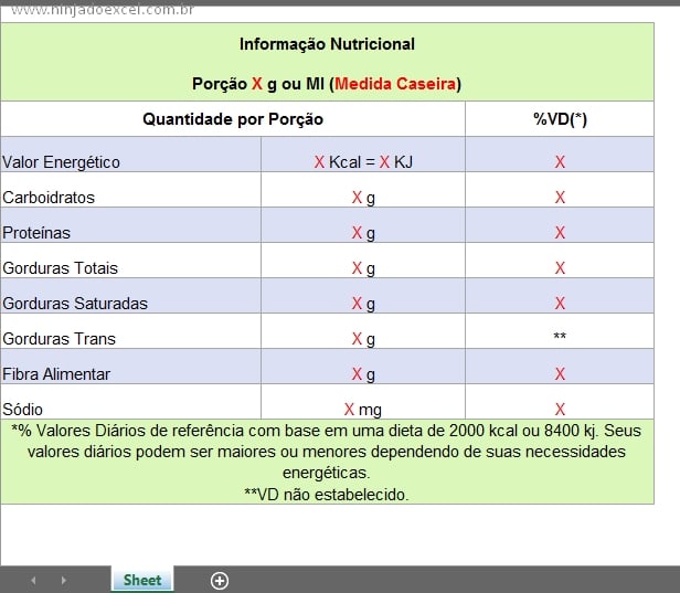 Tabela Nutricional no Excel