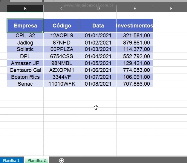 Tabela colocada na planilha 2 - Como Criar Macro no Excel 